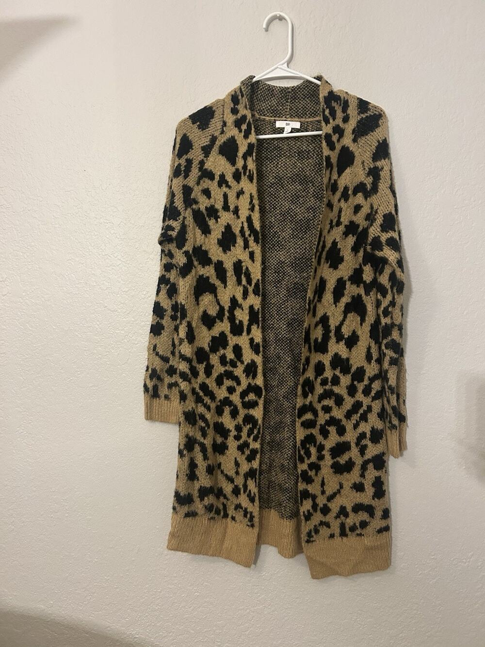 BP. Women's Beige/Black Leopard Print Open Front Knit Cardigan Sweater S